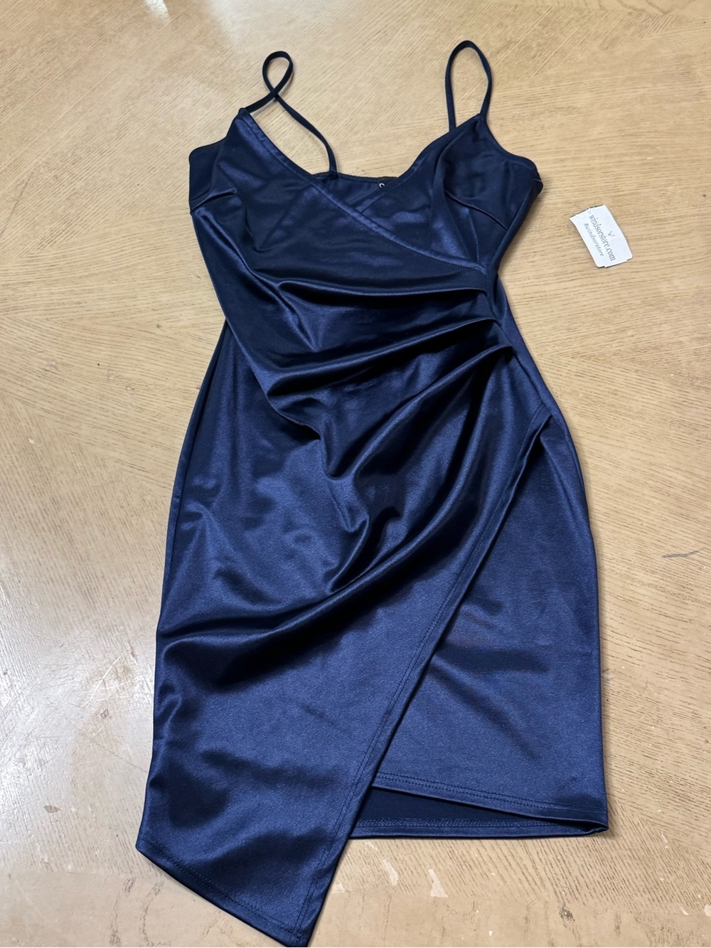 Windsor | Navy Blue Satin-Look Asymmetric Wrap Mini Spaghetti Strap Dress XS - Picture 6 of 12